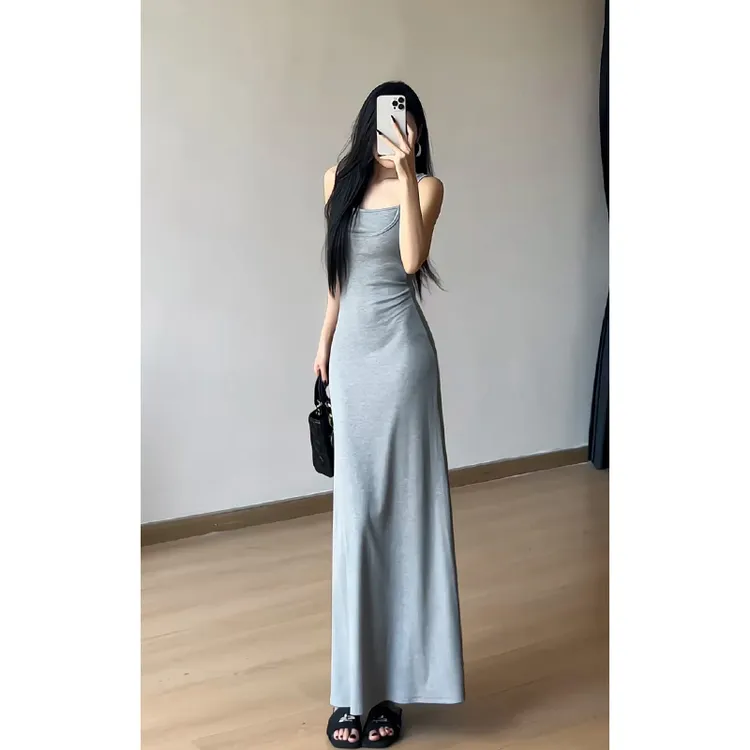 假两件灰色吊带连衣裙女夏收腰显瘦背心裙法式气质高腰设计感长裙