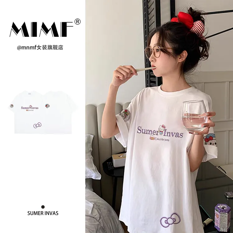 mnmf夏季新款甜美风字母印花短袖T恤女重磅纯棉宽松显瘦半袖上衣