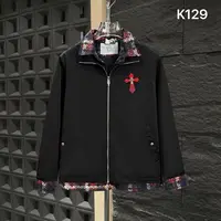 HI-K129-春秋男士假两件翻领格纹拼接撞色刺绣时尚休闲轻奢夹克