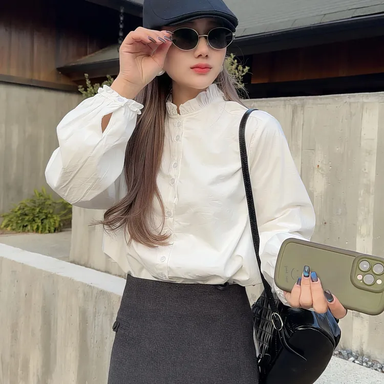 韩版新款冬季气质法式立领木耳耳边长袖加绒衬衫衬衣（单衬衫双层）