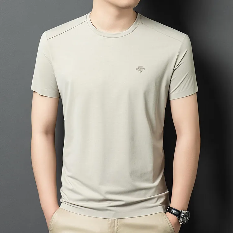 Romon/罗蒙【桑蚕丝+亚麻】男士高档短袖T恤夏季薄款宽松半袖上衣