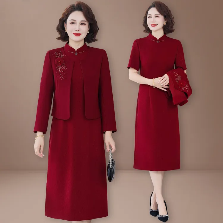 罗蒙新款妈妈秋装国风套装喜婆婆婚宴中老年秋款礼服连衣裙套装女