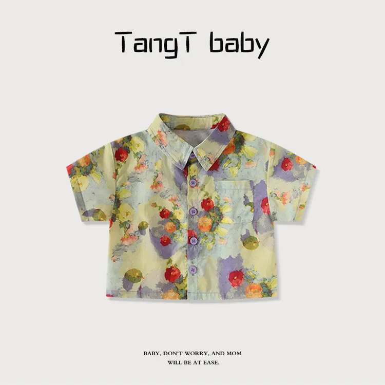 【莫奈花园短袖衬衫 】宝宝衬衣夏季男女童上衣打底衫满印薄款休闲