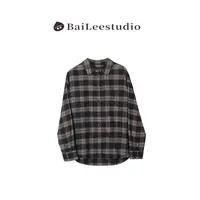 【柏栗良品】2025通勤宽松型格纹磨毛显瘦格子复古休闲衬衫25219