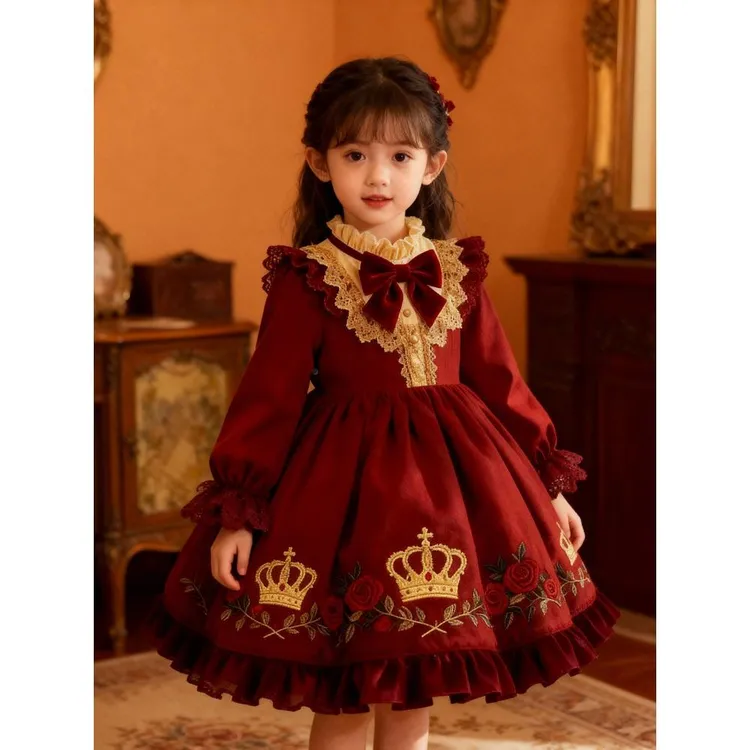 巴拉童年女童2025秋冬新款加绒宫廷风公主裙宝宝刺绣喜庆生日婚礼