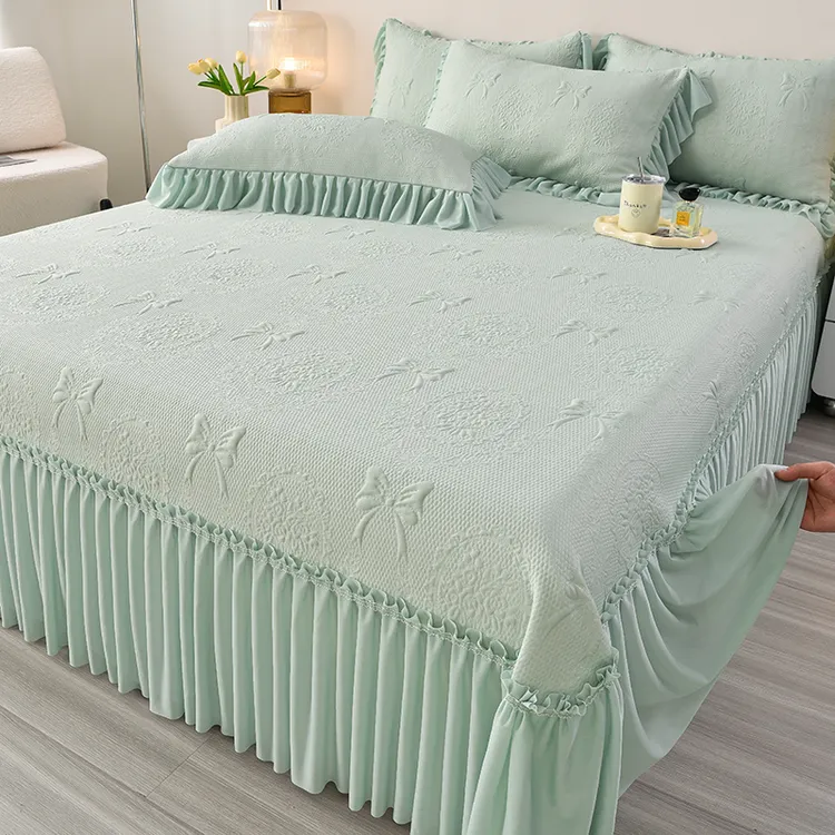 夏季高品质提花凉感加厚冰丝豆豆凉席三件套可机洗裸睡床裙款凉席