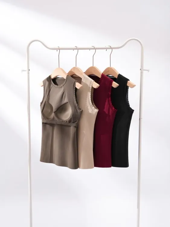 秋冬保暖背心加绒厚磨毛女士背心加肥加大内搭带胸垫一体打底上衣