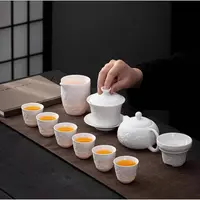 YS903素烧千里江山凤鸣壶高档三才盖碗羊脂玉陶瓷浮雕白瓷