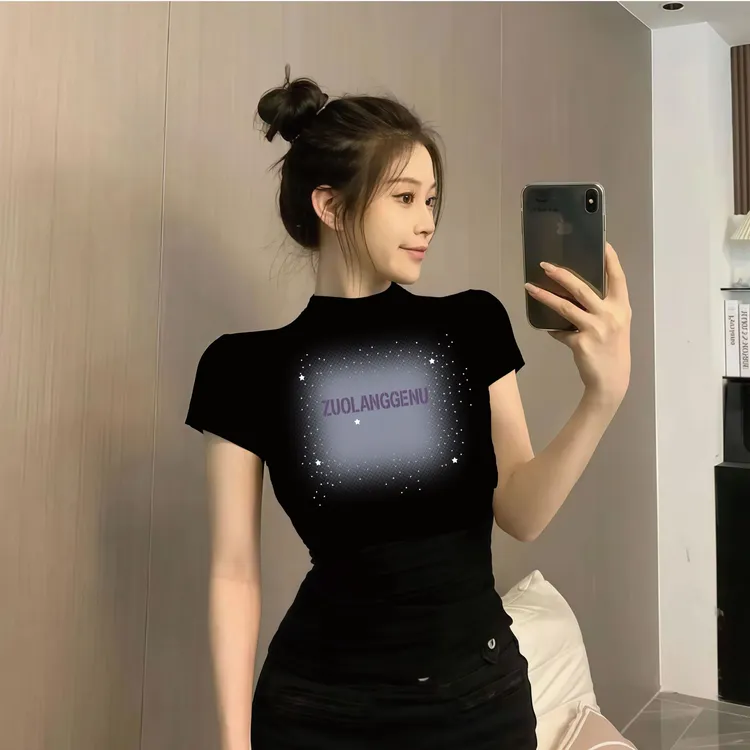 复古显瘦女士印花黑色辣妹T恤夏季小众气质百搭高腰修身短袖T恤女