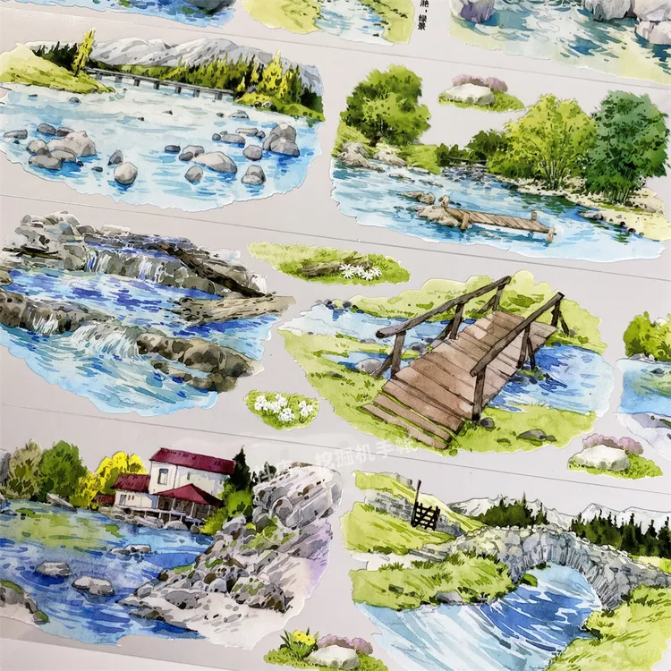 手帐分装胶带水光绿景欣甜工作室小桥流水古风PET素材账流麻贴纸