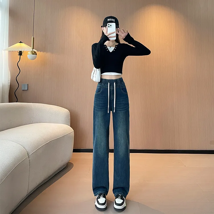 松紧腰牛仔裤女2025炸街潮款裤子女新款高腰宽松显瘦大码直筒裤子