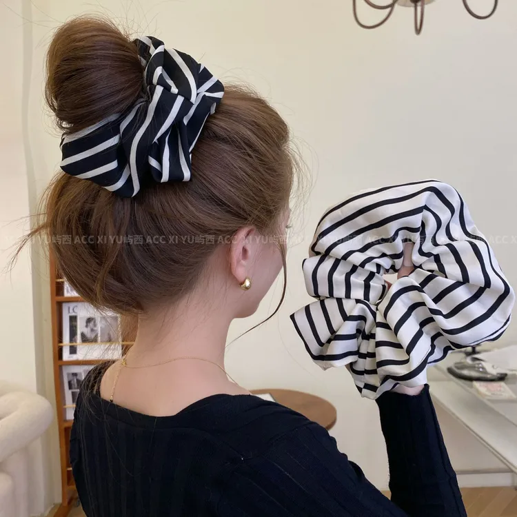 高颜值简约风黑白条纹复古韩版大肠发圈简约百搭高级感气质发绳女