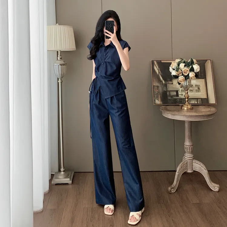 百搭老钱风女装显瘦洋气休闲时尚牛仔短袖阔腿裤两件套装夏季薄款