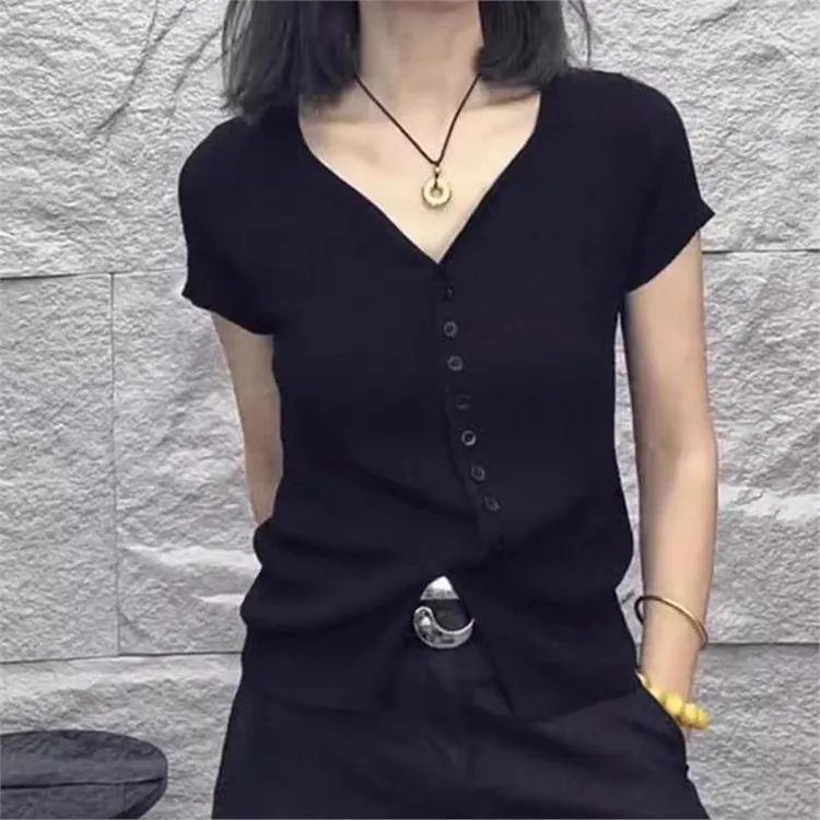 纯色休闲简约气质显瘦V领开衫T恤女2025夏季新款百搭短袖针织上衣