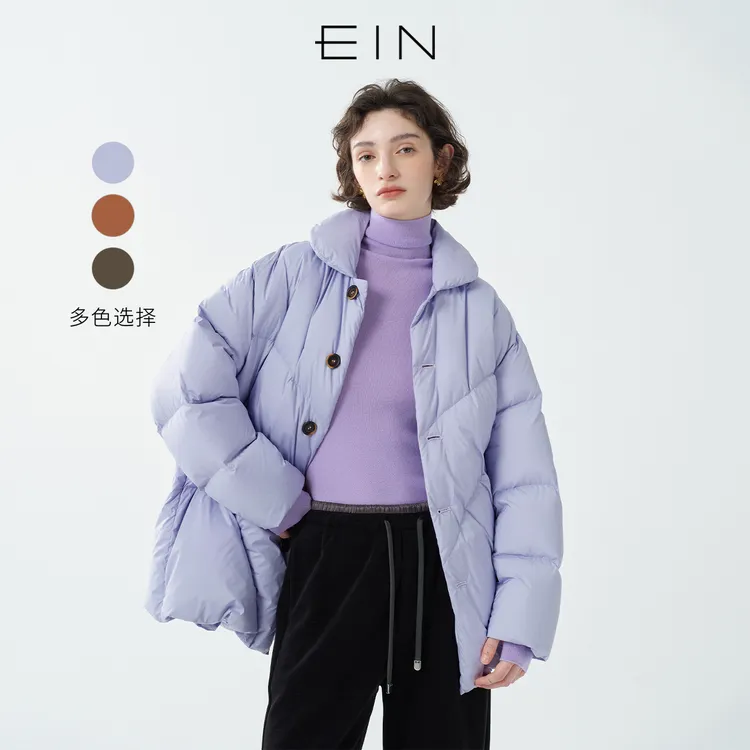 EIN/言 焕彩茧型90鸭绒弯刀袖文艺中长羽绒服女2025早秋新款