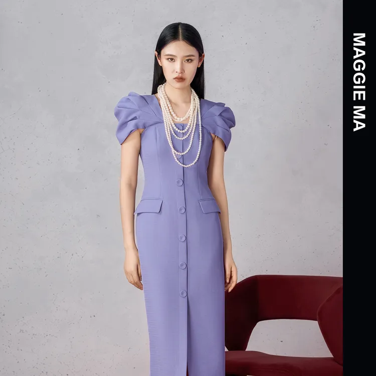 MAGGIE MA马婧设计师款浪漫紫色轻奢优雅气质泡泡袖连衣裙295D