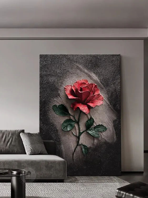 高级感客厅落地装饰画浮雕立体感沙发背景墙挂画抽象花卉玄关壁画