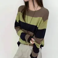 〔秋冬撞色宽条纹〕〔不可机洗〕韩系慵懒风撞色宽条纹圆领长袖针织