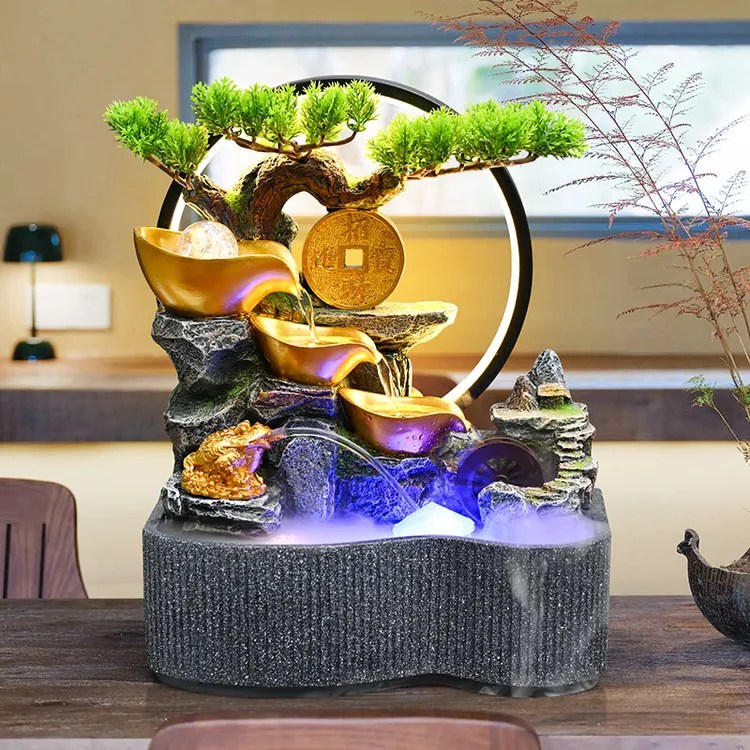 办公室前台桌面开业礼物装饰品室内创意中式玄关喷泉摆设灯圈