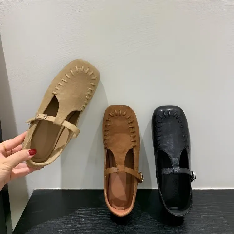 复古绒面粗跟浅口玛丽珍鞋方头法式单鞋休闲软底乐福奶奶鞋豆豆鞋