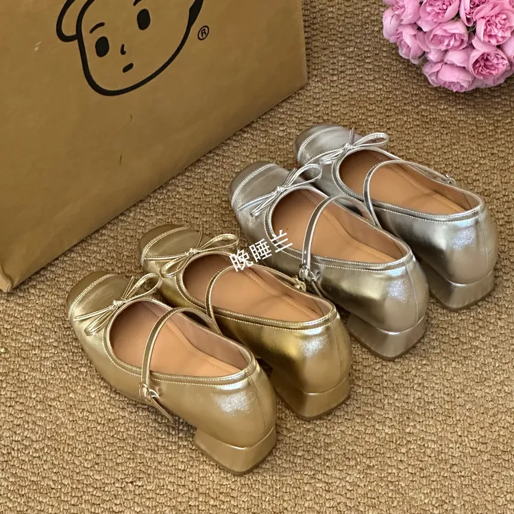 晚睡兰·内增高7cm法式方头温柔风蝴蝶结玛丽珍单鞋女浅口高跟鞋