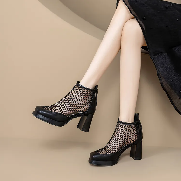 网靴女镂空粗跟网纱凉鞋女民族风短靴百搭厚底方头靴子凉靴女粗跟