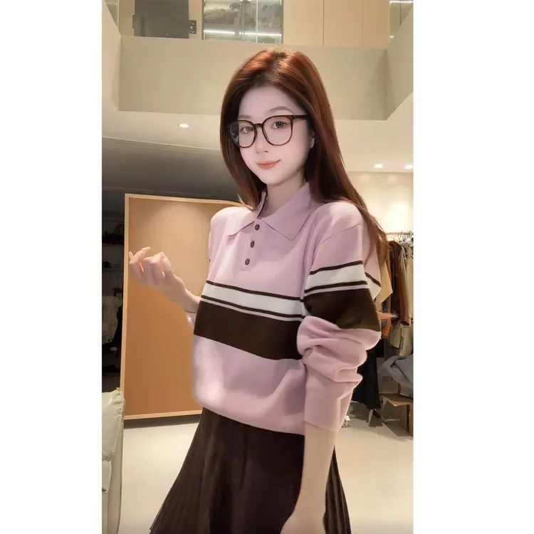 【甜甜专属】秋装氛围感穿搭灰色条纹polo领针织衫女长袖上衣裙子套装时尚毛衣