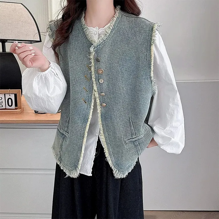高级感时尚流苏毛边牛仔马甲女春秋2025新款无袖宽松坎肩马夹背心