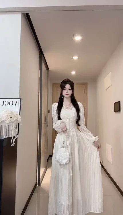 长款v领收腰长袖刺绣连衣裙女秋季法式复古气质显瘦a字裙子