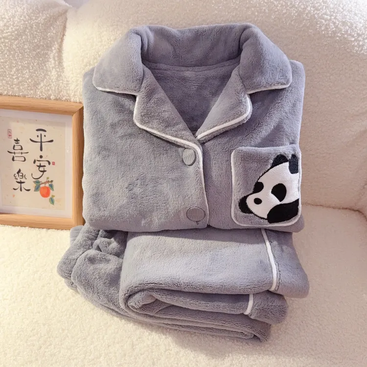 卡通熊猫珊瑚绒儿童睡衣男童冬季加厚保暖法兰绒男孩中大童家居服