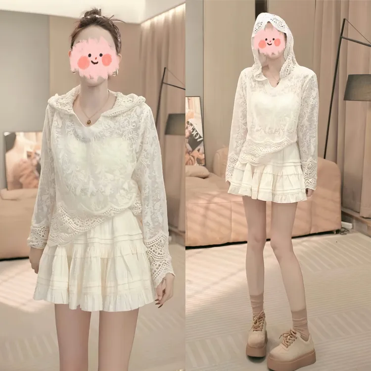 春游出行衣服连帽蕾丝拼接蕾丝上衣短款半身裙小众炸街高级感女装