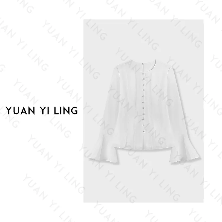 袁艺灵【小苍兰】25春夏上新醋酸圆领气质感喇叭袖设计女衬衫