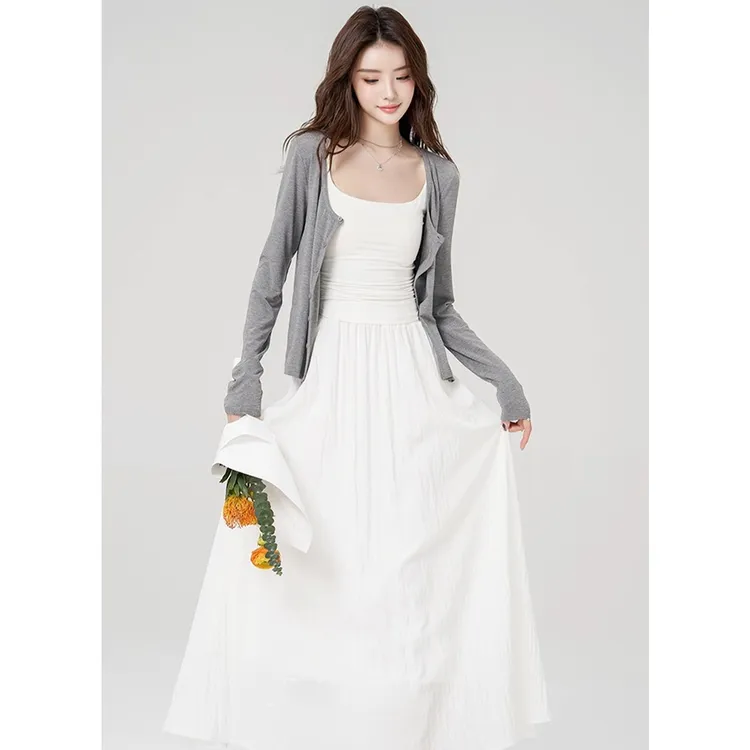 法芬图秋季新款韩版时尚气质显瘦针织衫吊带上衣设计感半身裙三件