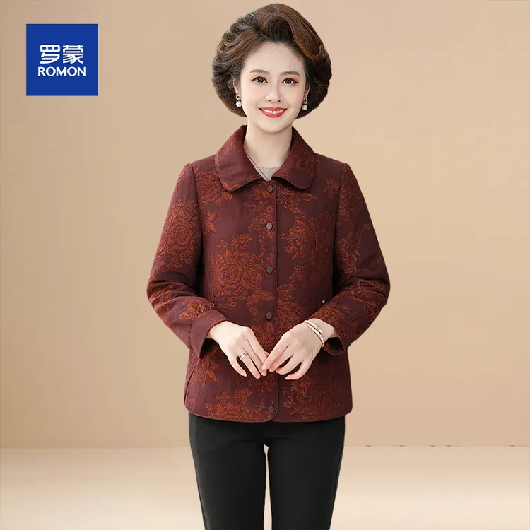 罗蒙妈妈秋装翻领绣花外套时尚中年女休闲上衣中老年短款宽松开衫