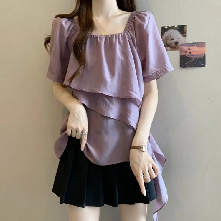 大码女装法式方领设计感层次飘带雪纺衬衫女胖显瘦遮肚薄款上衣