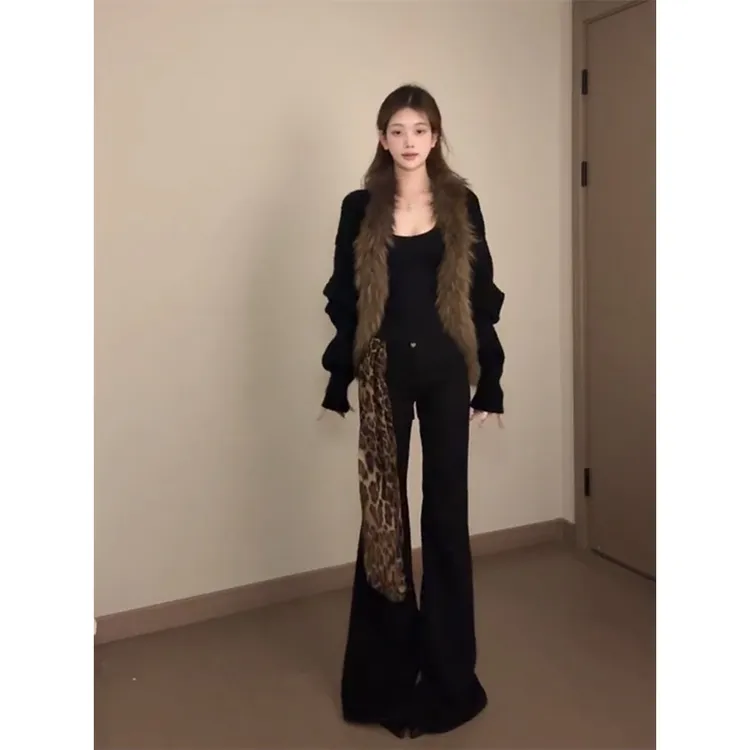 MARIE.COCO秋冬新款韩系高级感毛领针织衫外套高腰微喇休闲裤套装