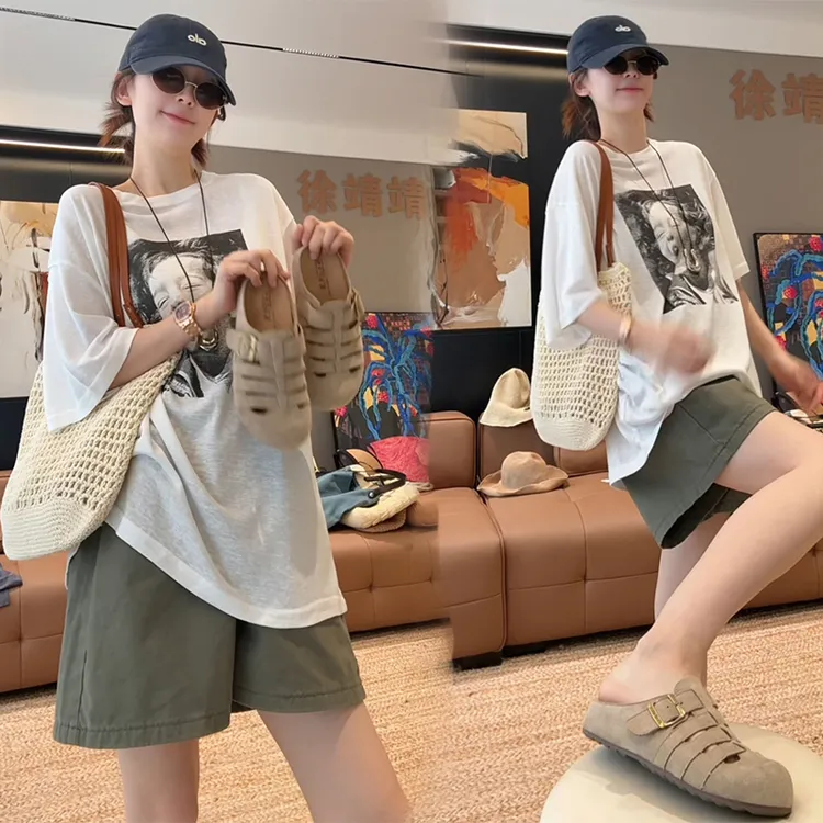 夏季时尚百搭洋气显瘦潮流宽松休闲短T恤高腰显瘦直筒短裤两件套