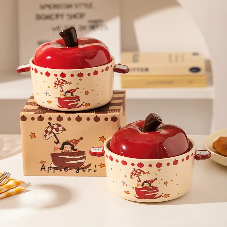 摩登主妇苹果女孩带盖泡面碗可爱餐具生日礼物儿童节礼物陶瓷碗具