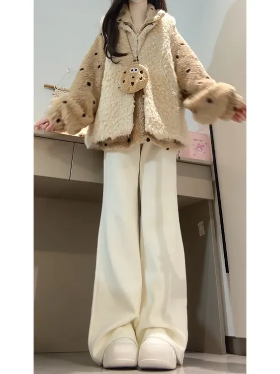 2025秋冬新款韩系毛毛马甲波点开衫外套百搭休闲裤气质三件套装潮