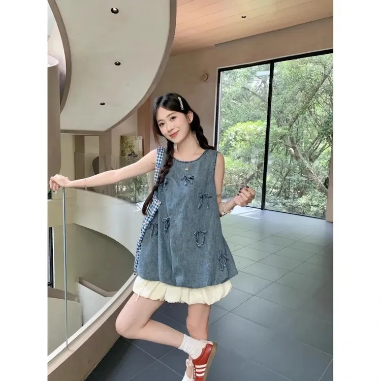 立体蝴蝶结宽松牛仔花苞背心上衣高级感高腰半身裙女夏季时尚套装