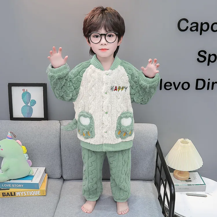 男童法兰绒睡衣秋冬季保暖家居服宝宝珊瑚绒男孩加厚儿童冬天套装