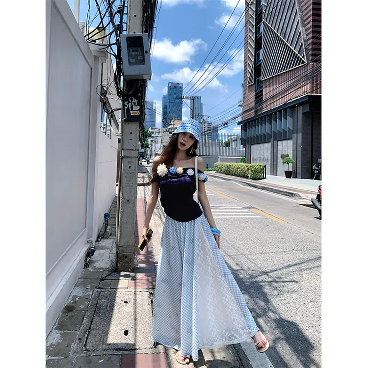 甜虾派 海盐风铃 蓝格纹蕾丝拼接阔腿休闲裤女慵懒感宽松拖地裤