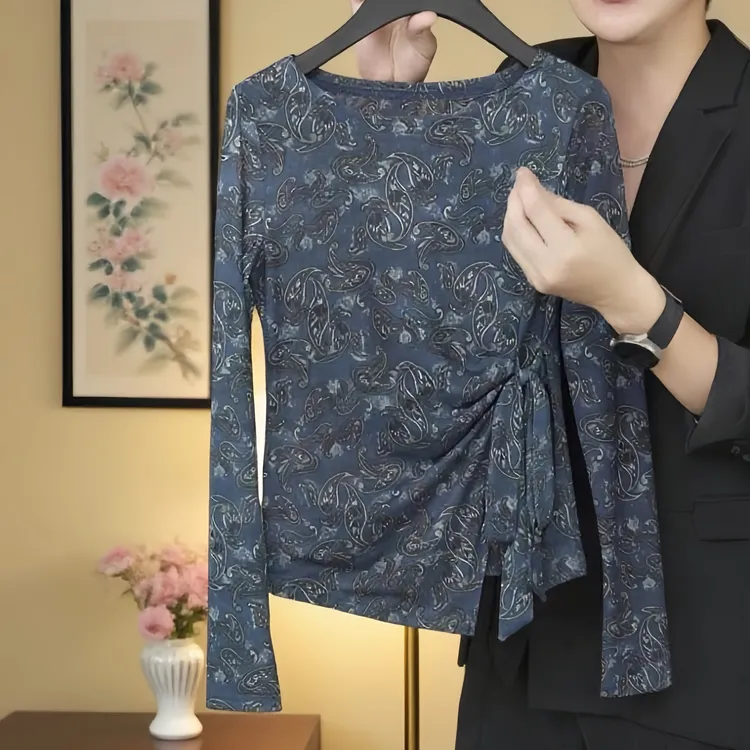 【腰果逸蓝】2025秋季新款通勤腰果花时髦长袖T恤女小众设计感上衣