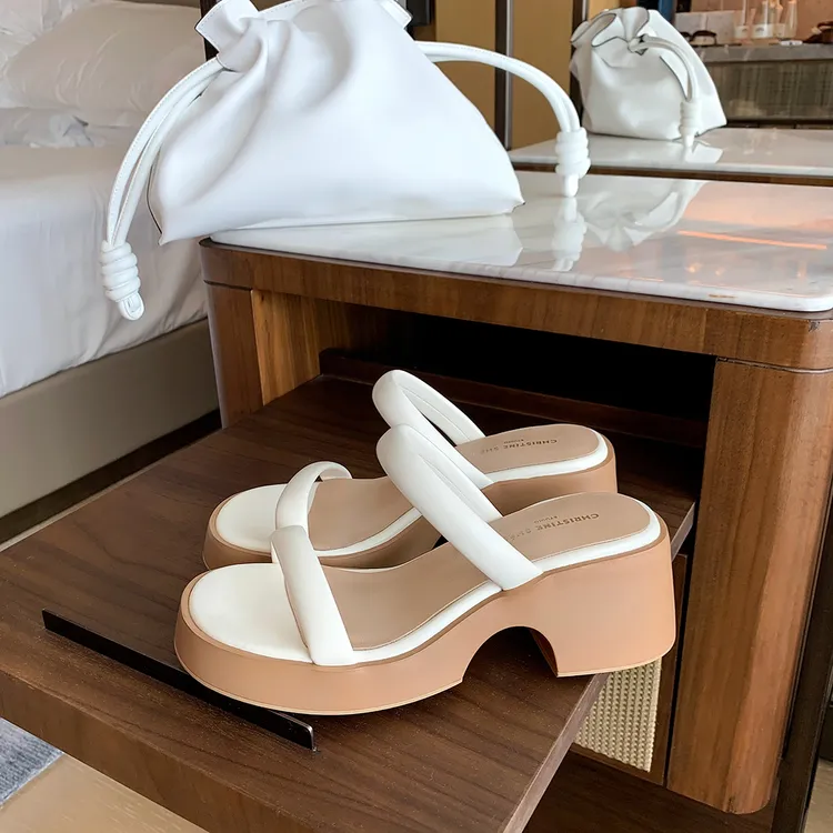 羊皮版~一字带厚底拖鞋女外穿2025夏季新款粗跟仙女风增高凉拖女