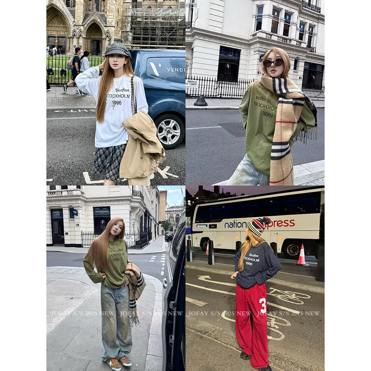 【CHASINGLIGHT】|love studio|做旧橄榄绿长袖T 百搭字母设计T0945