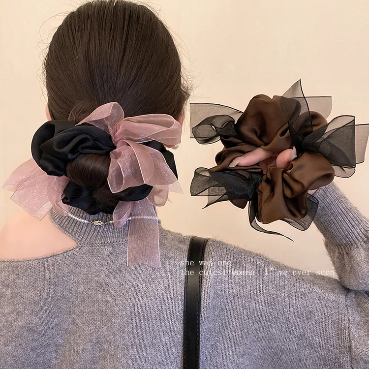 韩系气质蝴蝶结网纱大肠发圈2025新款高级感扎马尾丸子头发绳皮筋