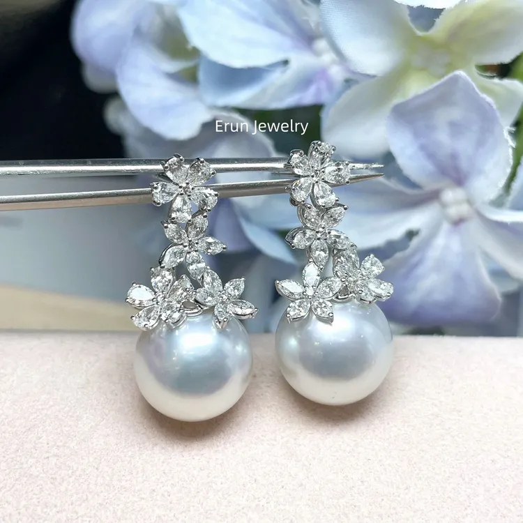 14-15mm18K金镶钻澳白珍珠耳饰精致复古耳钉冰雪女王新娘耳饰