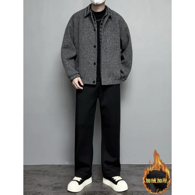 冬季韩版时尚羊毛混纺呢料假两件加绒外套+加绒直筒卫裤休闲百搭