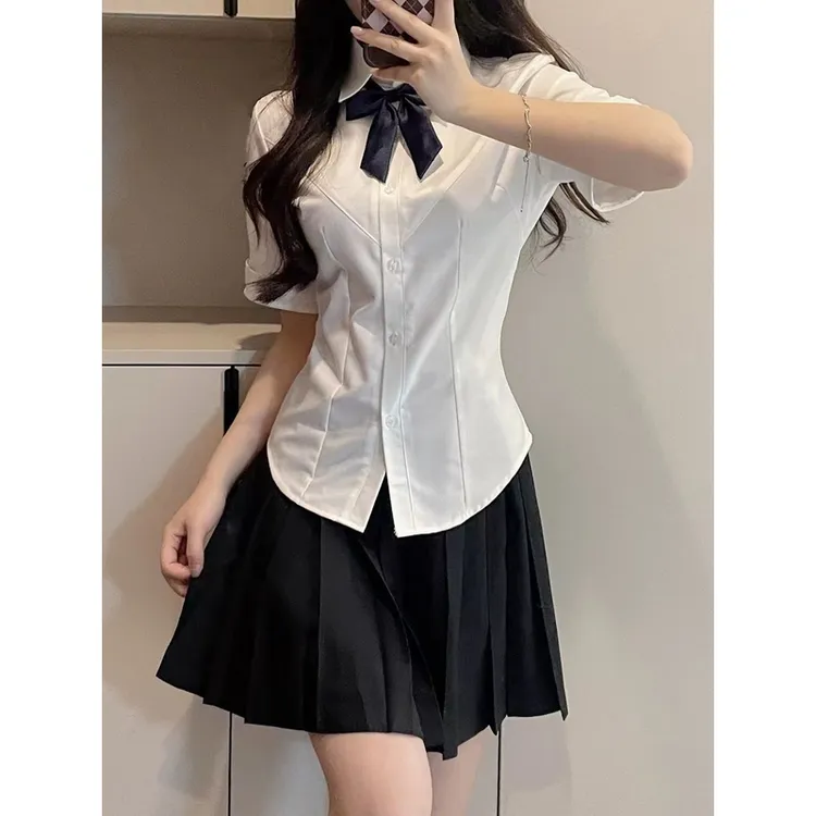JK收腰制服美式学院风纯欲辣妹收腰衬衫设计感小众白衬衣