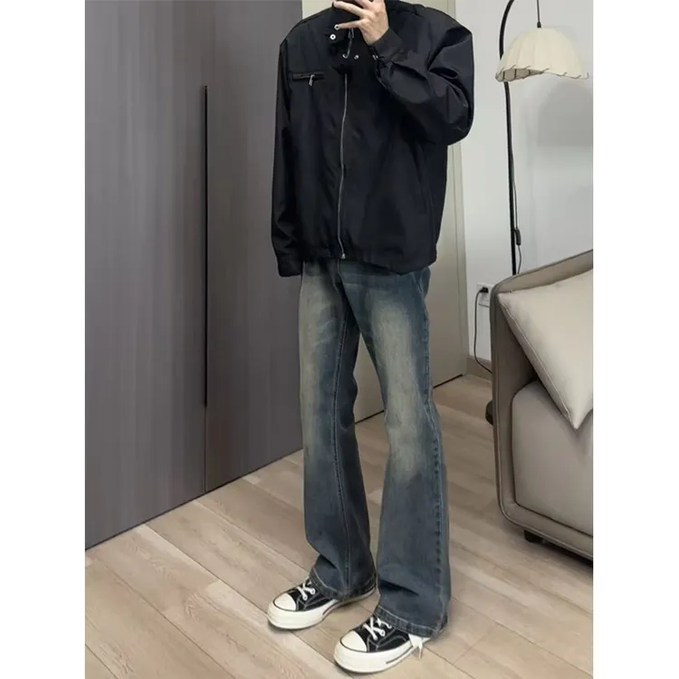 美式517微喇牛仔裤男款秋冬季cleanfit弯刀裤子vibe复古直筒长裤